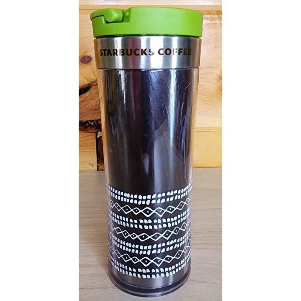 Starbucks Coffee Wood Green Tumbler 12oz Tin Flip Lid Nature Travel Mug 2009
